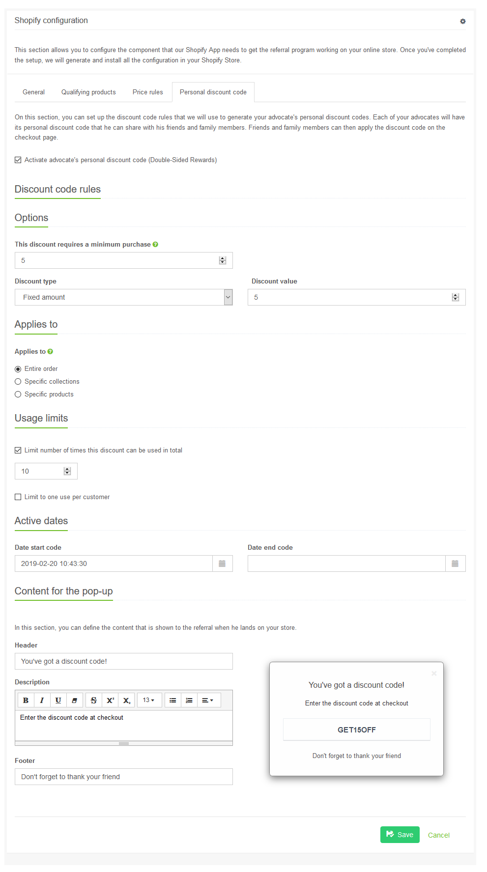 Configuration Personal discount code